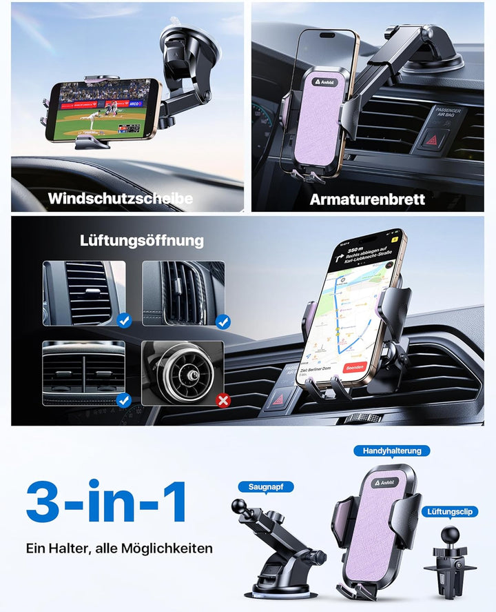 andobil Handyhalterung Auto [2026 Neueste Saugnapf] 3 in 1 Saugnapf & Lüftung Halter Universale KFZ