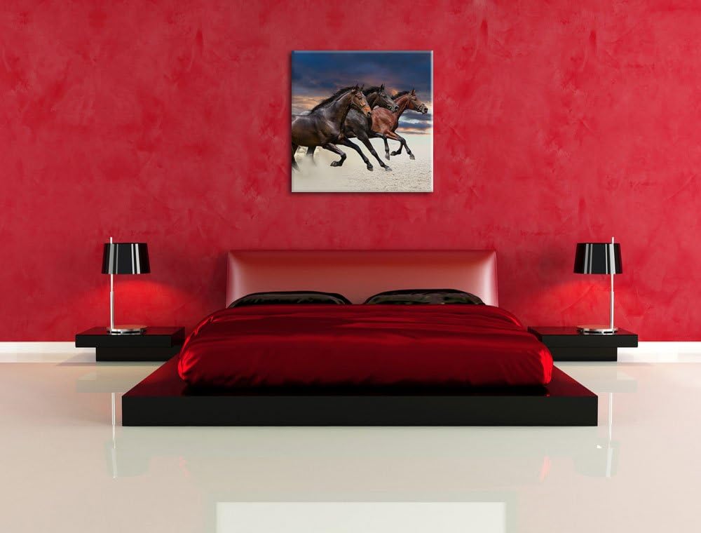 Drei wilde Westernpferde, Format: 70x70 auf Leinwand, XXL riesige Bilder fertig gerahmt mit Keilrahm