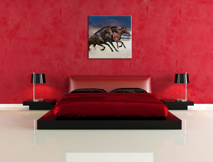 Drei wilde Westernpferde, Format: 70x70 auf Leinwand, XXL riesige Bilder fertig gerahmt mit Keilrahm