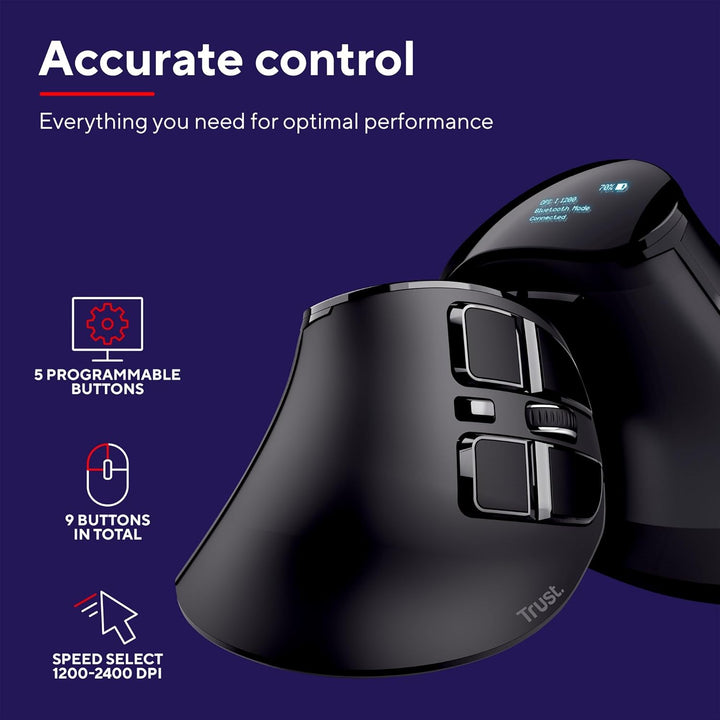 Trust Voxx Vertikale Kabellose Maus, Wiederaufladbare Ergonomische Funkmaus, Bluetooth und 2.4 GHz V
