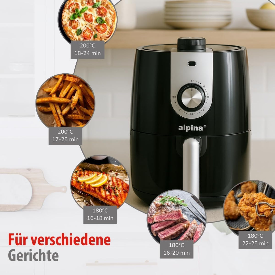alpina Heissluftfritteuse 2L - Airfryer geeignet für 2 bis 3 Personen - Air Fryer mit Timer und eins