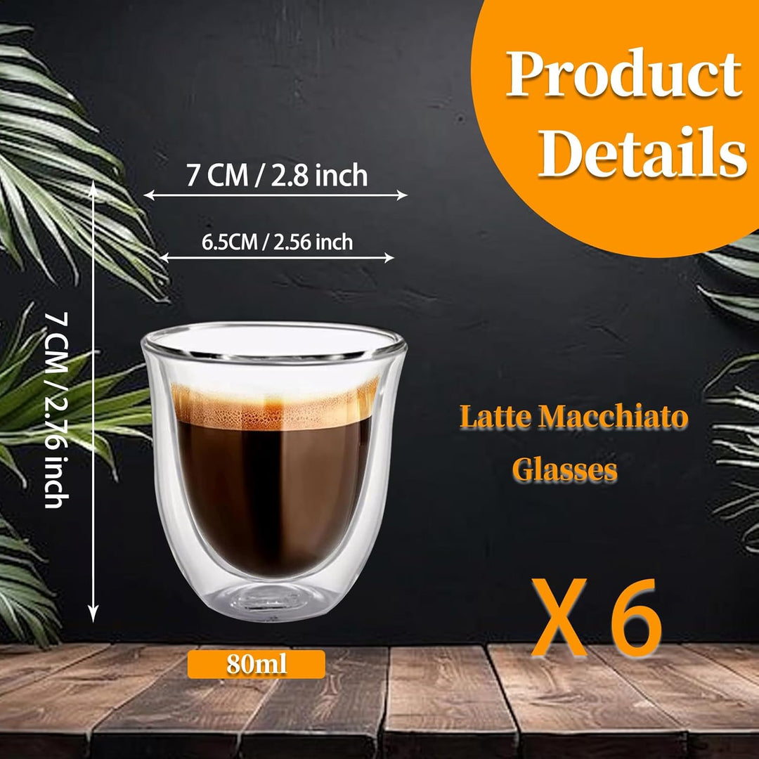 Espressotassen Glas 80 ml 6er Set – Doppelwandige Espressogläser aus Borosilikatglas, Isolierend & H