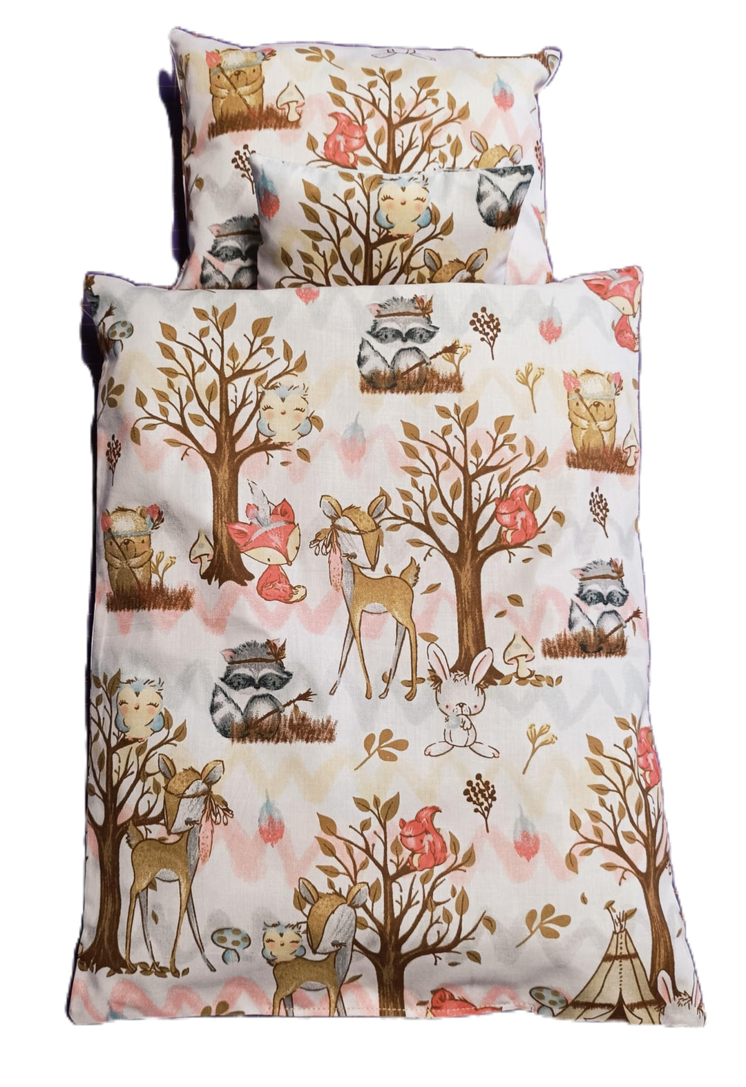 Handgefertigte Puppenbettwäsche, Waldfreunde, Hase und Igel, Gänse und Blumen, waschbar Decke 41h x