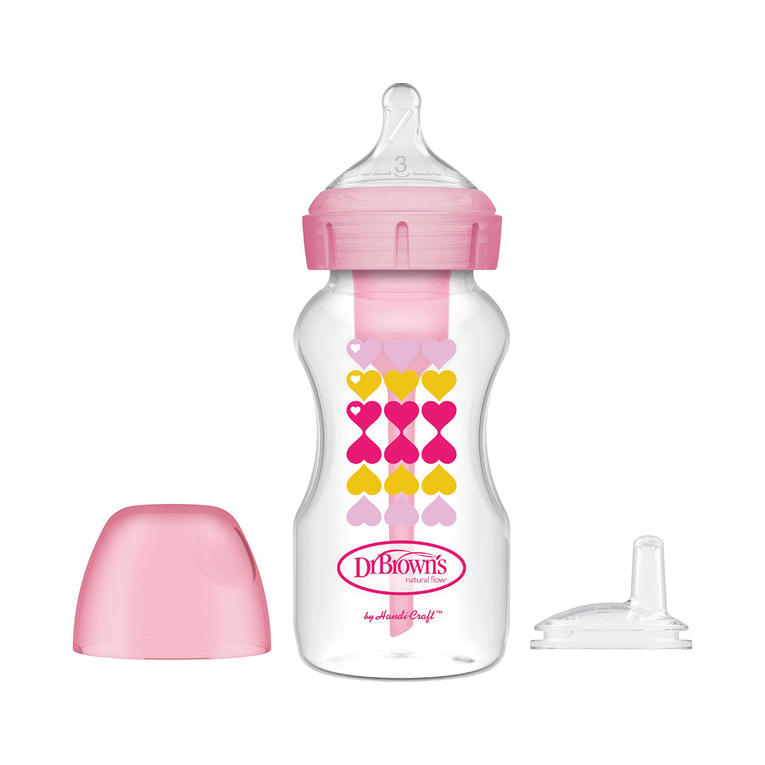 Dr. Brown's Natural Flow Options+ Schnabelflaschen-Starter-Set, Weithals, 270 ml, rosa Herzen