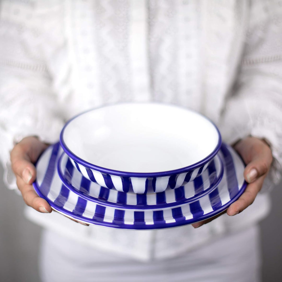 City to Cottage® - Keramik Teller 25.5 cm | Blau-Weiss gestreift | Handgemacht | Grosser Speisetelle