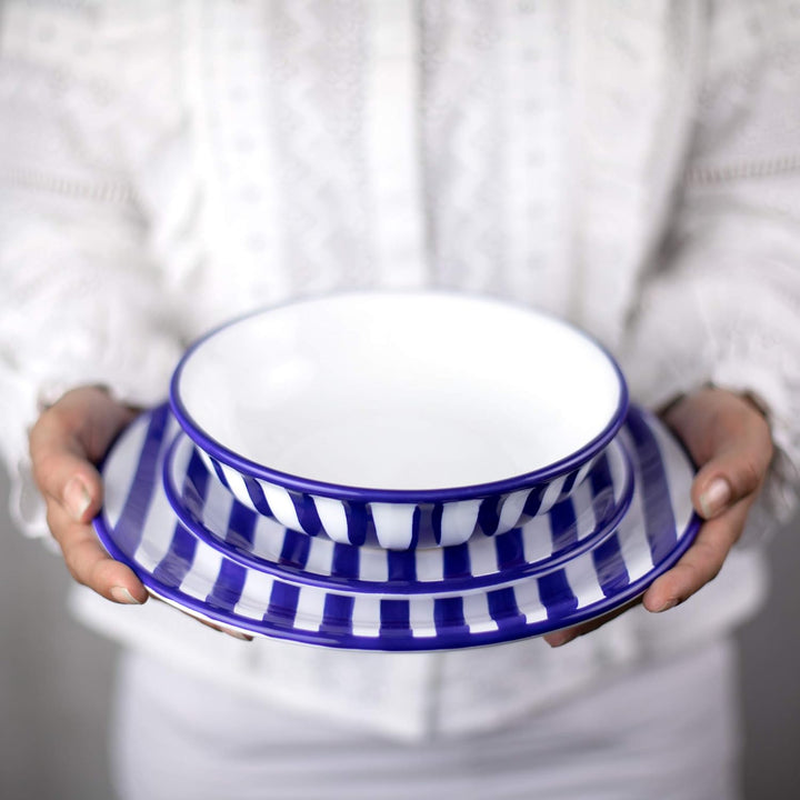 City to Cottage® - Keramik Teller 25.5 cm | Blau-Weiss gestreift | Handgemacht | Grosser Speisetelle