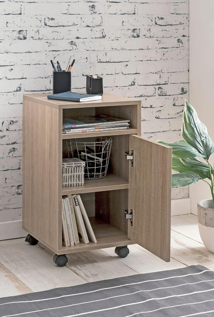 Wohnling Rollcontainer Sonoma 33x60x38cm Schubladenschrank Büro, Schreibtischcontainer mit Tür & Abl
