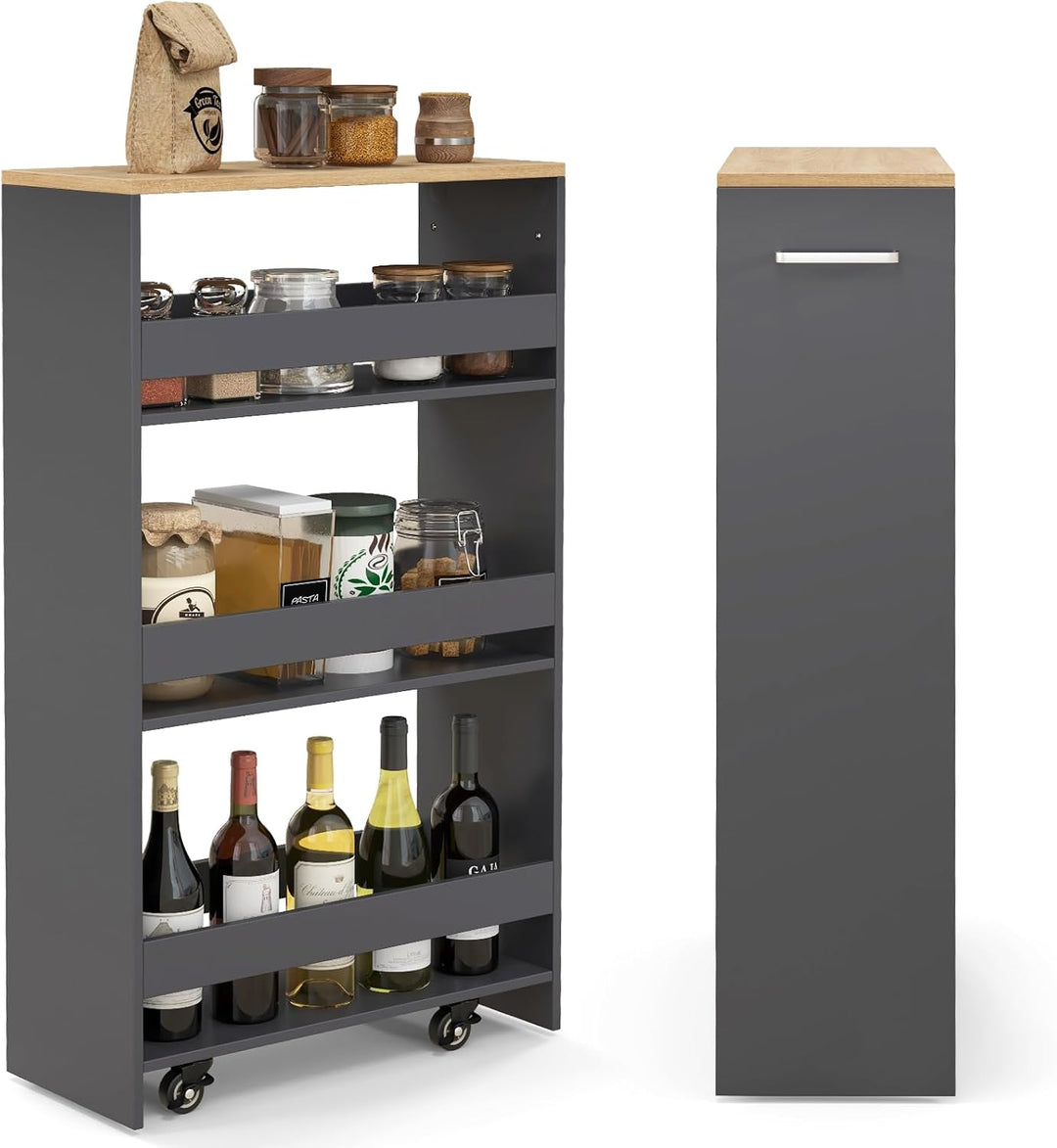 COSTWAY Nischenwagen 20cm breit, Nischenregal Badregal 4 Etagen, Nischenschrank auf Rollen, Servierw