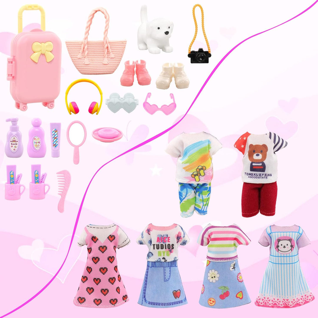 Miunana 29 Kleidung Schuhe Zubehör für 6 Zoll 15 cm Puppen, 1 Koffer 4 Kleider 2 Oberteile 2 Hose 2
