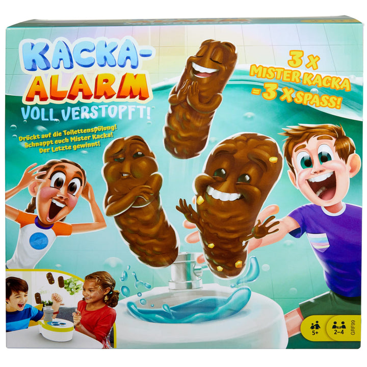 Mattel Games Kacka Alarm Spiel, Voll Verstopft, Geschicklichkeitsspiel mit Toilette und Mister Kacka