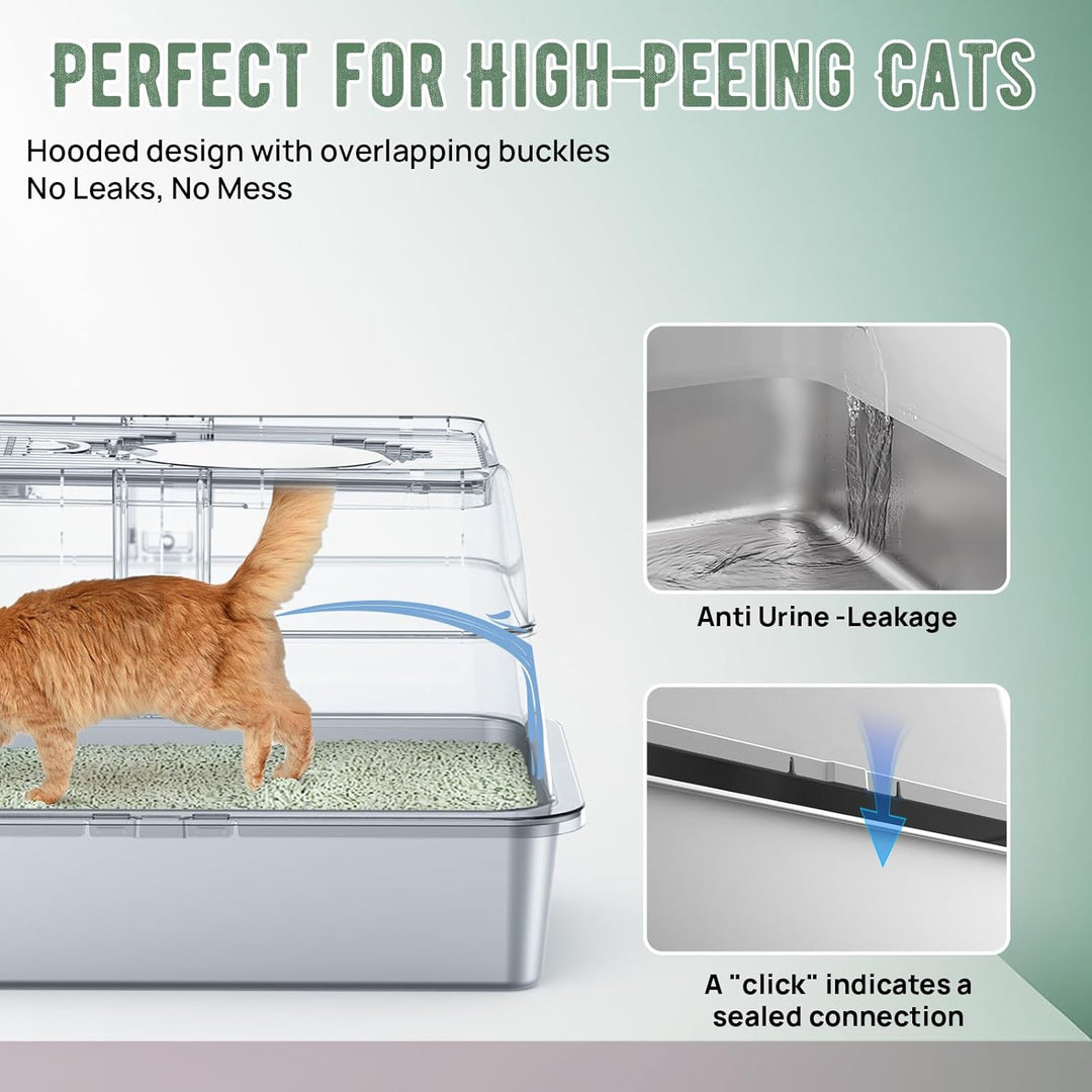 Edelstahl Katzenklo XXL aus V2A – 62 cm Geschlossene Katzentoilette mit 160° Klappdeckel, 3-in-1 Des