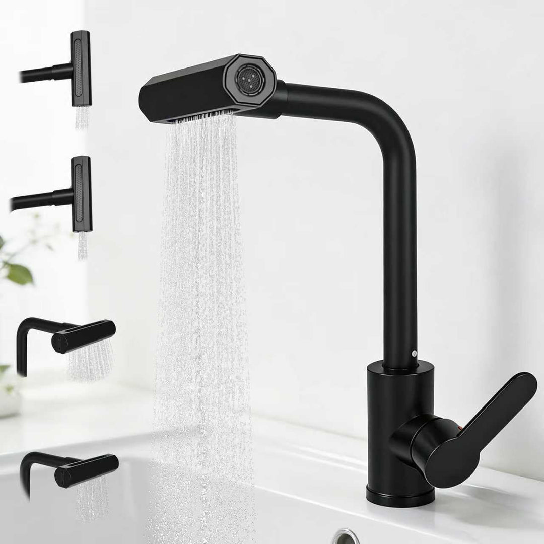 Waterfall Wasserhahn Küche mit 4 Strahlarten, 360° Drehbar Mischbatterie Spültischarmatur Einhebelmi