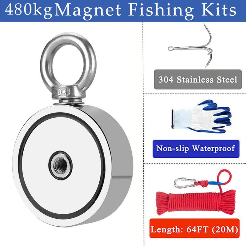 Powmag 480KG Haftkraft Doppelseitig Neodym Ösenmagnet, N52 Super Extra Starker Magnet zum Magnetfisc