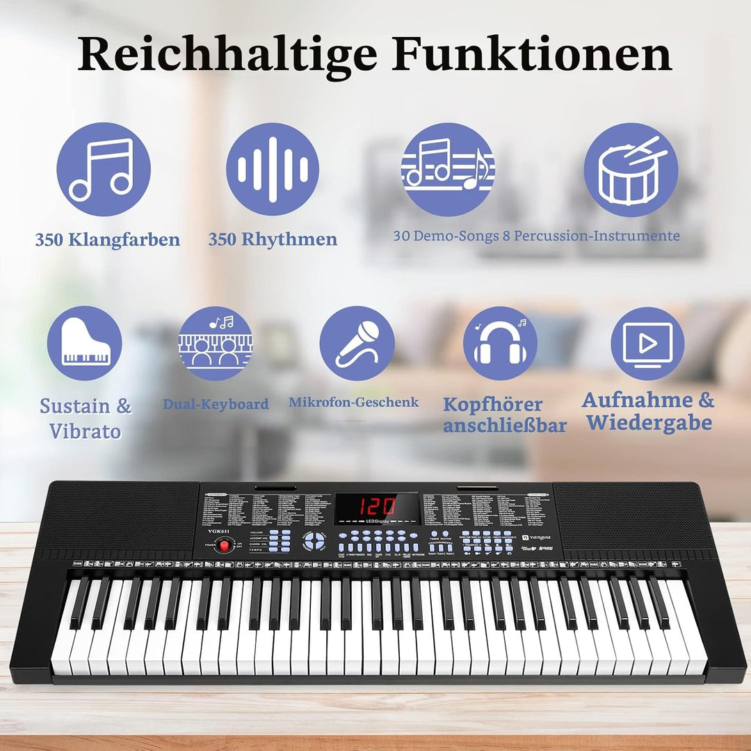 Vangoa VGK611 Elektronische Klaviertastatur, 61 Leucht Mini Tasten mit 3 Unterrichtsmodi, Digital Ke