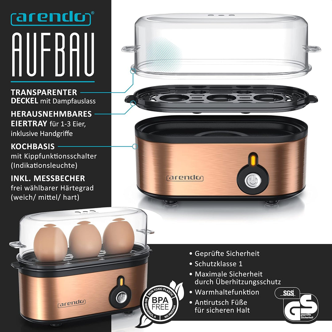 Arendo - Wasserkocher ELEGANT und Eierkocher THREECOOK im Set Edelstahl Kupfer – Wasserkocher 1,5L,