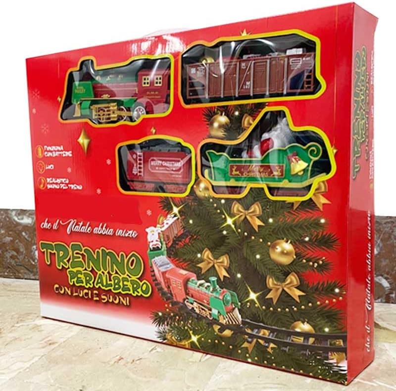 BAKAJI Weihnachtszug mit Halterung für Zentrum Baum Lokomotive mit Lichtern 3 Wagen Weihnachtsdekora