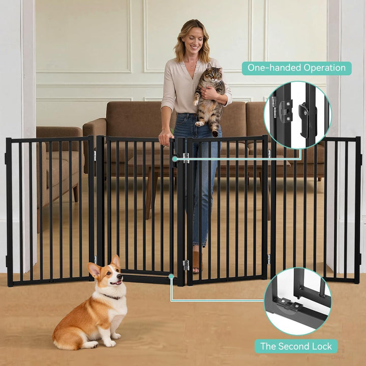 COMOMY Metall Hundegitter Freistehend mit Tür, 203cm Extra Breit Absperrgitter Hund Wohnung, 81cm Ho