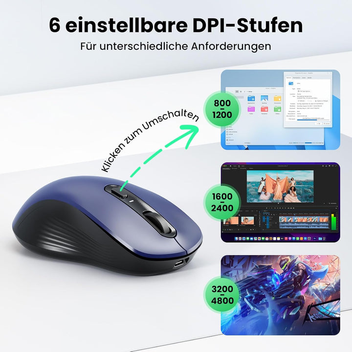TECKNET Bluetooth Maus, PC Maus Kabellos, Wiederaufladbar Computer Maus 4800 DPI, (BT 5.0/3.0+2.4 GH