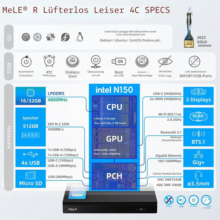 MeLE Mini PC Lüfterloser Quieter4C N150(4C/4T, bis zu 3.6Ghz) USB-C Display 16GB RAM 512GB Speicher