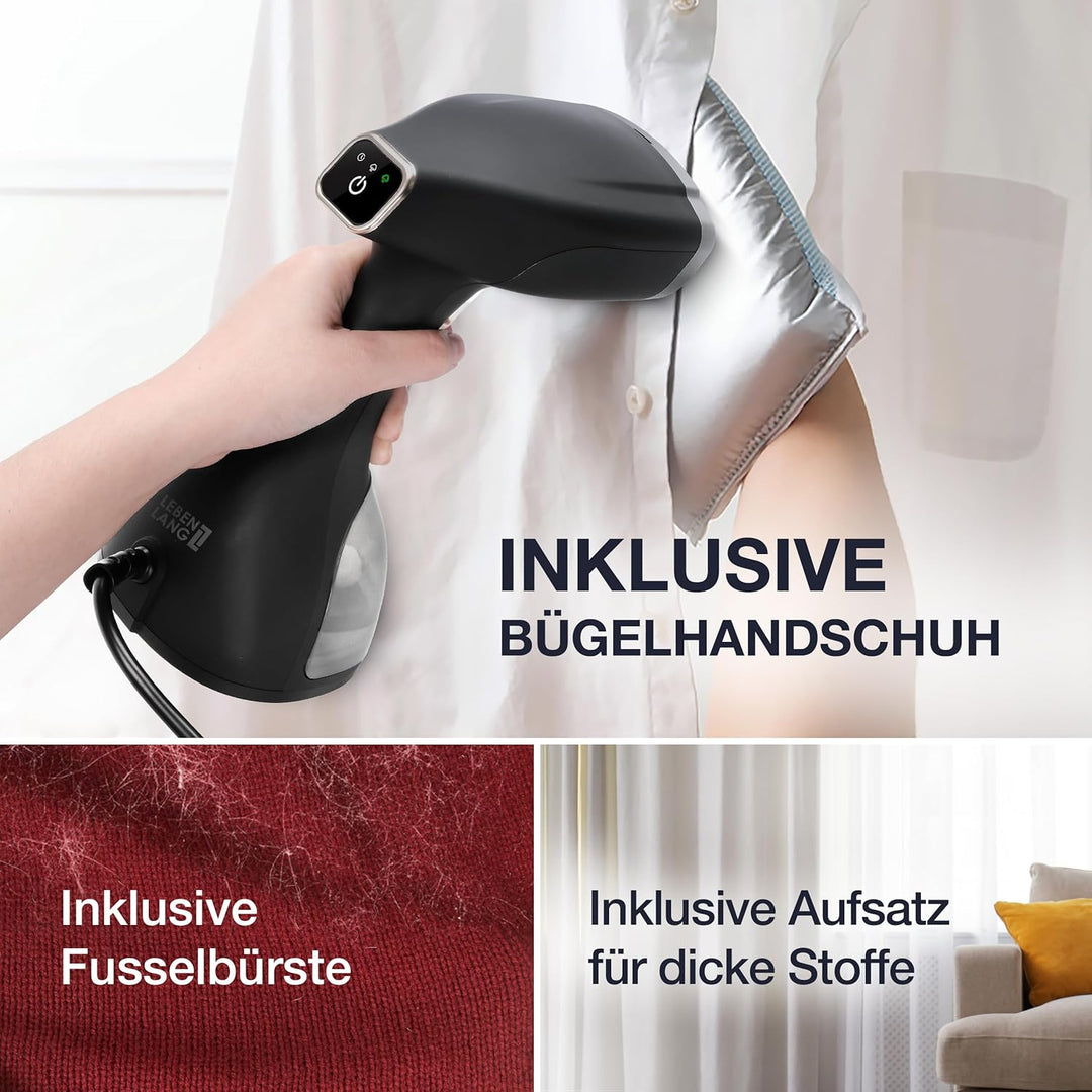 LEBENLANG Schwarz Steamer Dampfglätter 1500W + Premium Fusselrasierer Elektrisch 4000mAh I Bundle Op