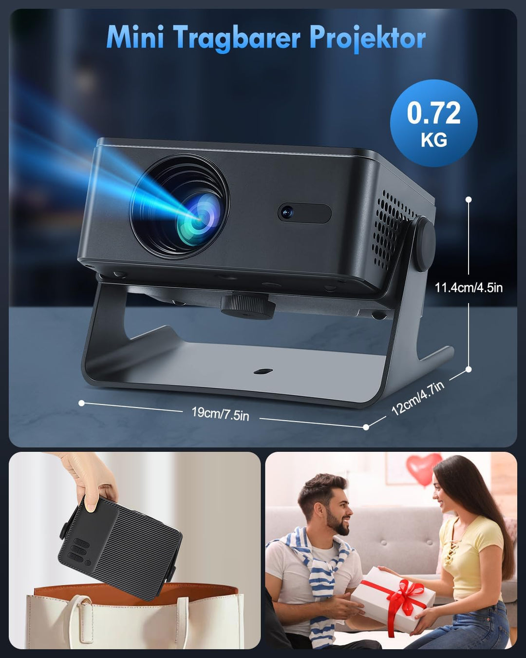 Smart Beamer,360° Drehbar/Elektrischer Fokus/Trapezkorrektur,Mini Projektor HD 1080P Unterstützt,WiF