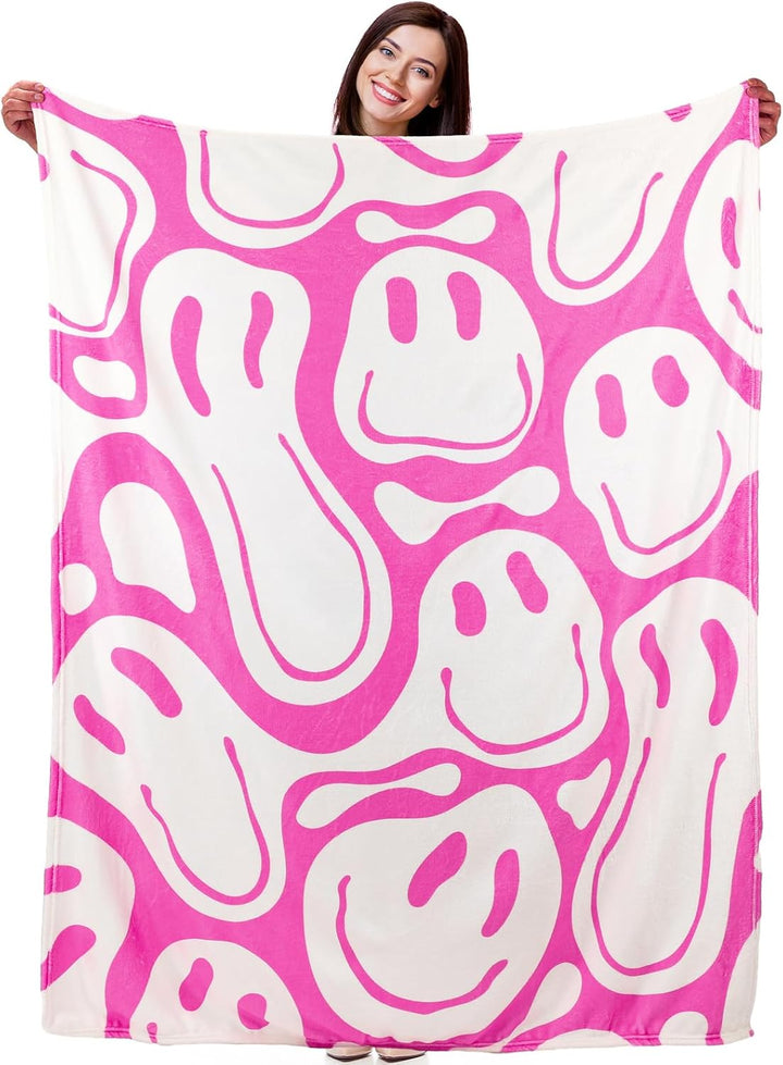 Frienda Adrette Überwurfdecke, rosa lächelndes Gesicht, niedlich, Flanell, weiche Plüschdecke, flaus