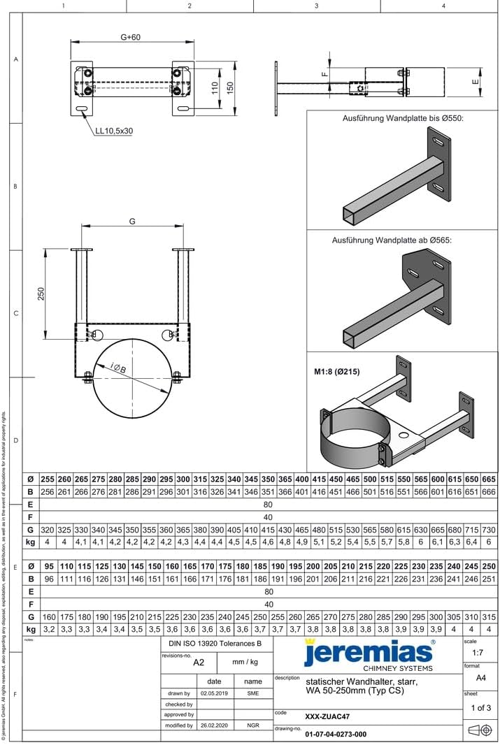 Jeremias DW-FU Wandhalter 600mm statisch verstellbar 50-250mm Edelstahl Abgassystem Halterung 600 mm