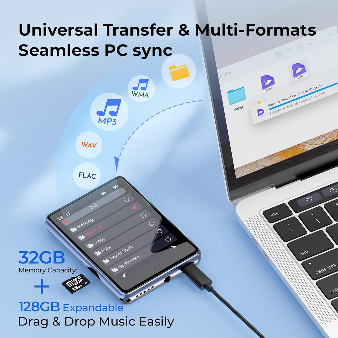 MP3 Player Bluetooth 5.3 mit 2.8 Zoll Voller Touchscreen Lautsprecher, 32GB (Unterstützt bis zu 128
