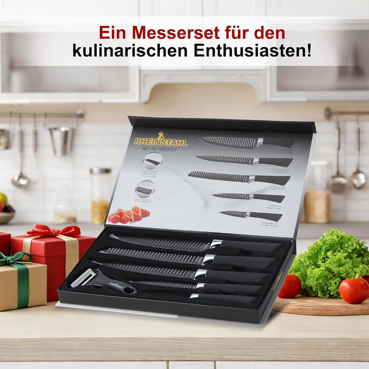 Messerset Scharf 6-teilig, Ergonomischen Küchenmesser Sets, Schwarz | Kochmesser, Brotmesser, Tranch
