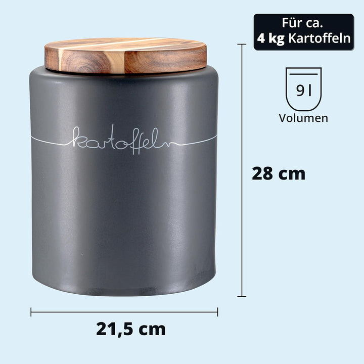 KHG Kartoffel Aufbewahrung, Keramik Steingut poliert, Anthrazit Grau mit Holz-Deckel, 4kg Kartoffeln