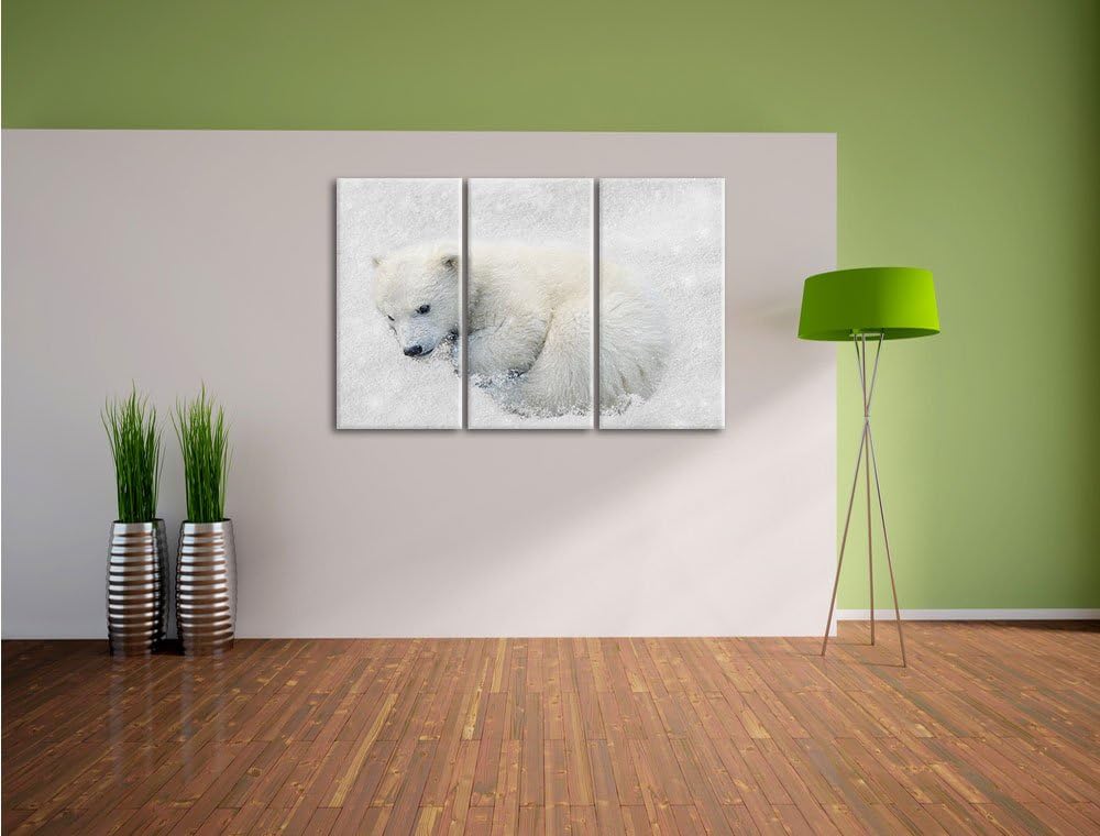 Pixxprint Eisbär im Schnee als Leinwandbild/Grösse: 3 Teilig (120x80) cm/Wandbild/Kunstdruck/fertig