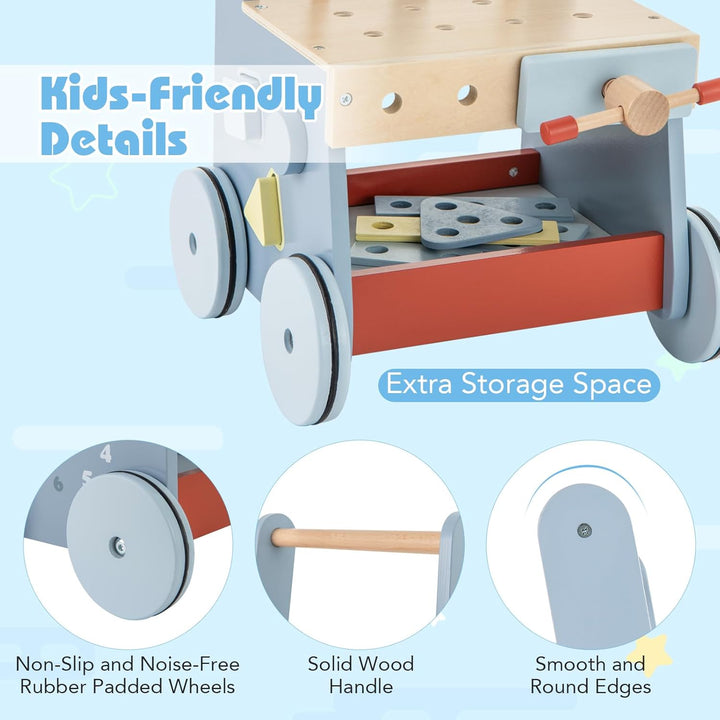 FANTASK 2 in 1 Lauflernwagen, Lauflernhilfe aus Holz, Montessori Kinder Werkbank Spieltisch, Multi-A