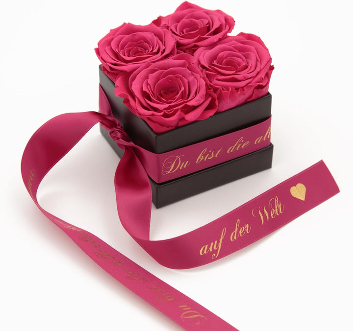 ROSEMARIE SCHULZ Heidelberg Flowerbox 8,5 x 8,5 cm 4 Infinity Rosen haltbar 3 Jahre Gravur Goldschri