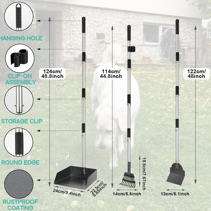 Bamda Hundekotschaufel, Dog Poop Scooper für Hundekot mit Verstellbarem Langem Griff, Tablett, Harke
