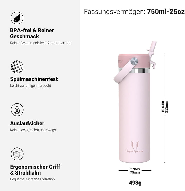 Sparrow Trinkflasche Edelstahl 750ml - Weiter Öffnung SwivelSip Thermosflasche mit Strohhalm - BPA-f