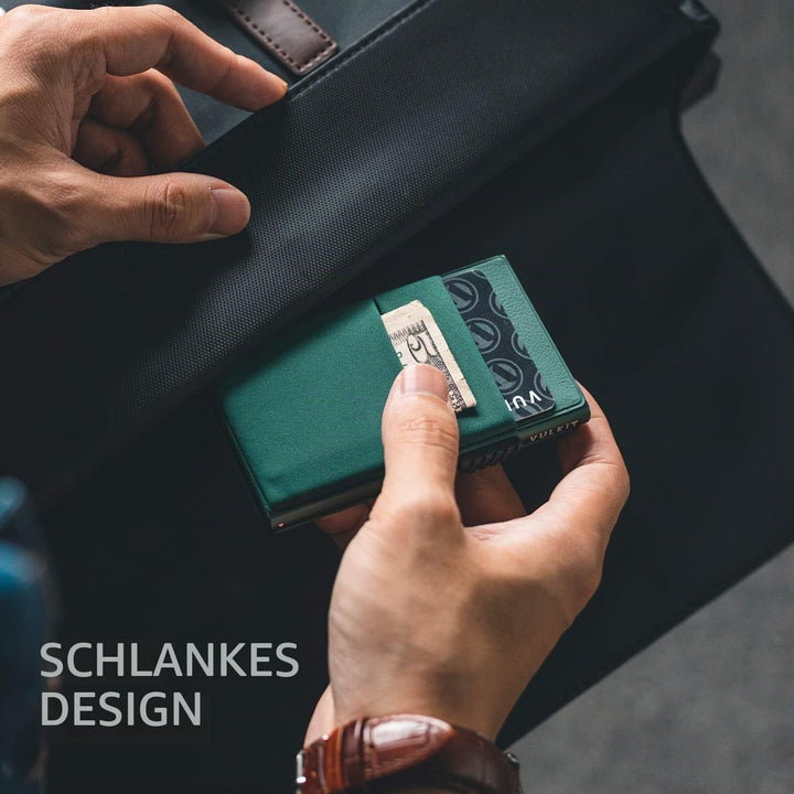 VULKIT Kreditkartenetui mit EDC-Fächern und Ausweisfenster, RFID-blockierende Pop Up Karten Geldbörs