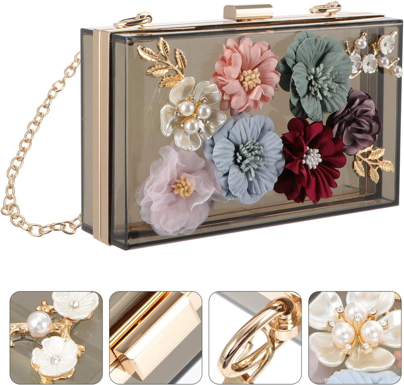 VALICLUD Frauen Kette Geldbörse Klare Acryl Tasche Blume Clutch Geldbörse mit Goldenen Kettenriemen