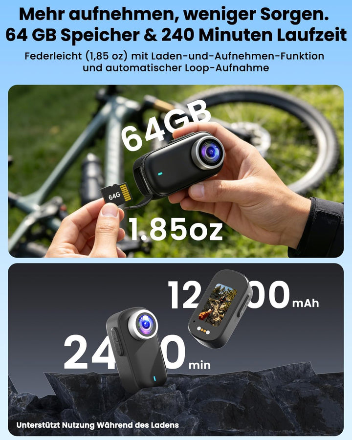 Bodycam, Mini Action Cam 4K mit Display, Wasserdicht WiFi Bodycam Körperkamera Mini mit 64GB Karte,