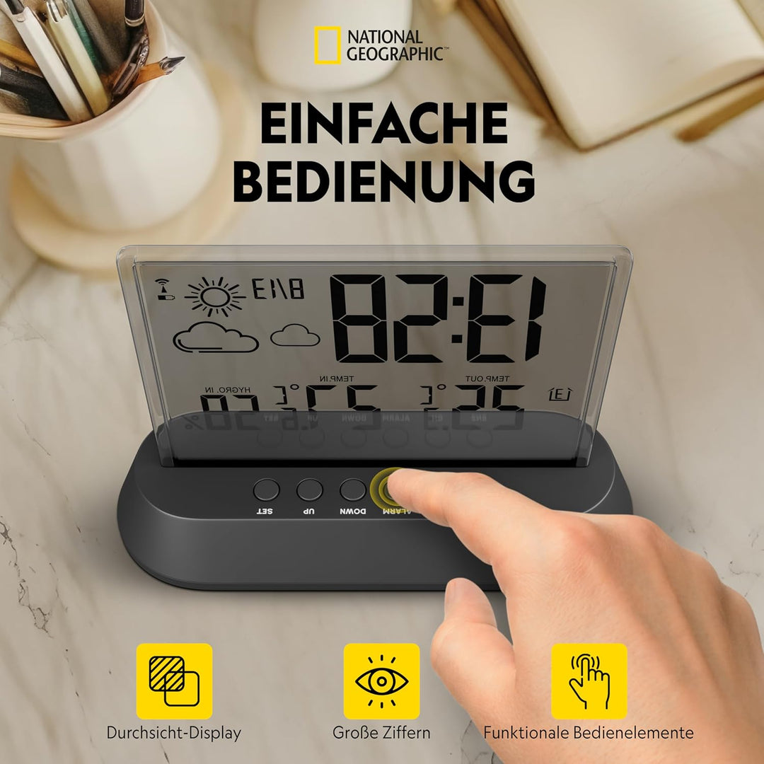 National Geographic 9070300 Wetterstation Funk mit Aussensensor in transparentem Design mit Anzeige