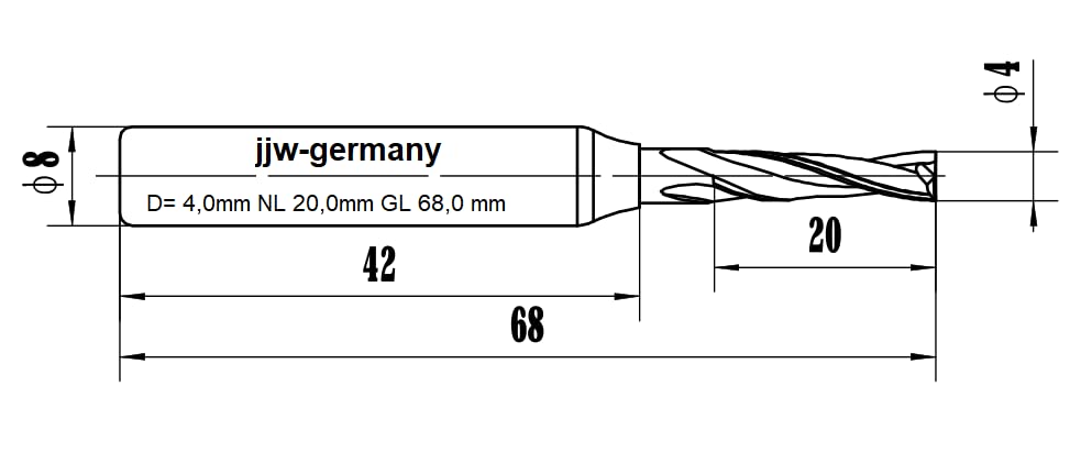 jjw-germany VHM - Spiralnutfräser Nutfräser Z= 2 für Hand Oberfräse mit Stahlschaft 8,0mm (D= 4,0 mm