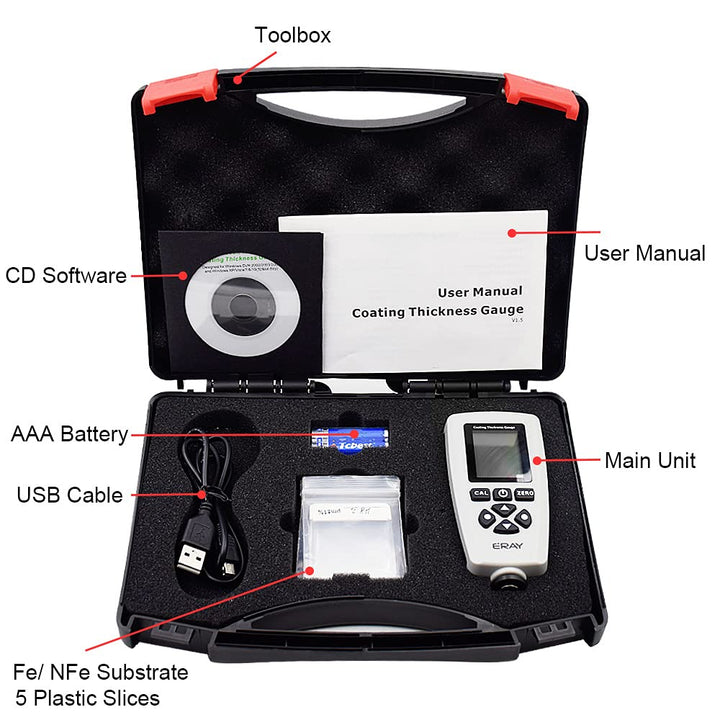 ERAY Schichtdickenmessgerät mit Hintergrundbeleuchtung LCD-Anzeige, Lackschichtenmesser inklusive Ko
