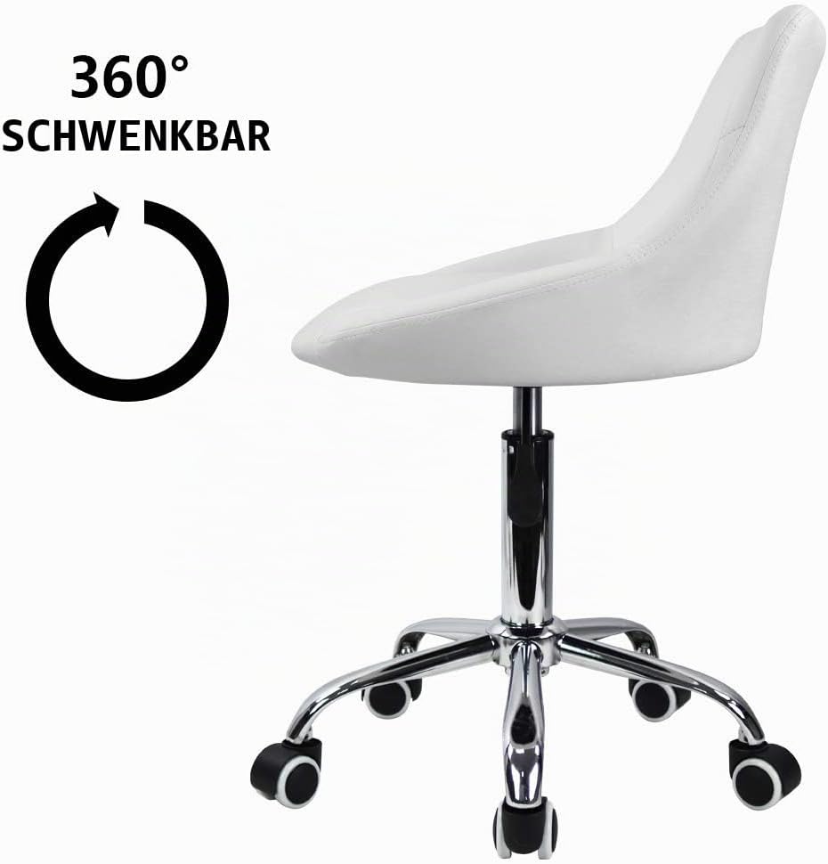 KKTONER Drehstuhl Rollhocker Arbeitshocker mit Lehne höhenverstellbar Drehhocker aus PU Leder Weiss,