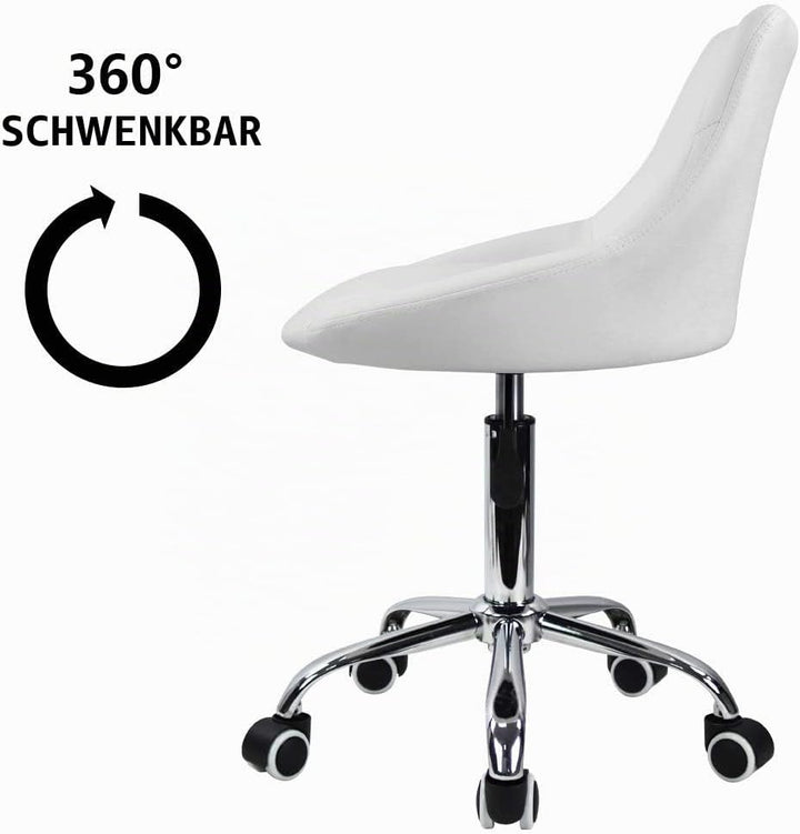 KKTONER Drehstuhl Rollhocker Arbeitshocker mit Lehne höhenverstellbar Drehhocker aus PU Leder Weiss,