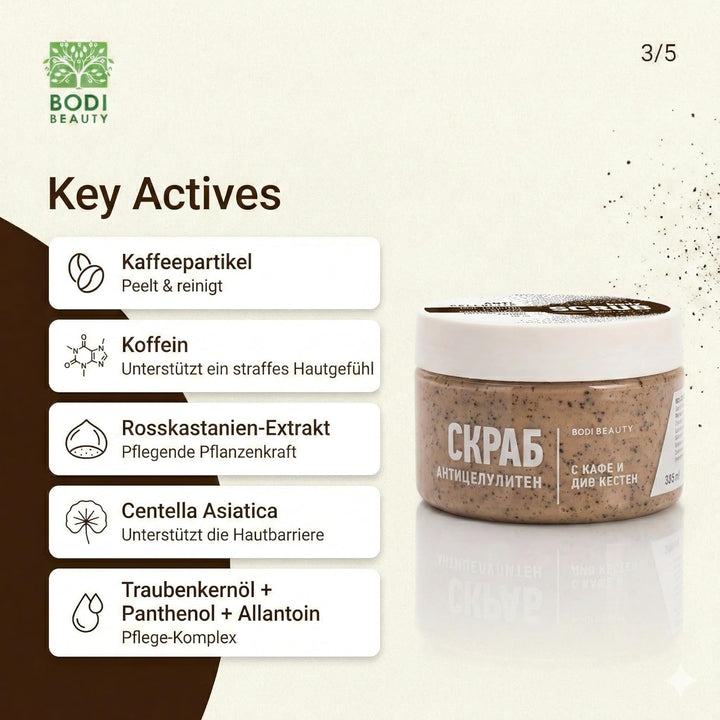 Anti-Cellulite Kaffee-Peeling & Body Scrub 330 ml – Koffein, Kaffeepartikel, Shea & Traubenkernöl, V