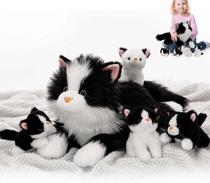 MorisMos 5 stücke Schwarz Katze Kuscheltier XXL Set, 50cm lang riesen Katze Kuscheltier mit Babys im