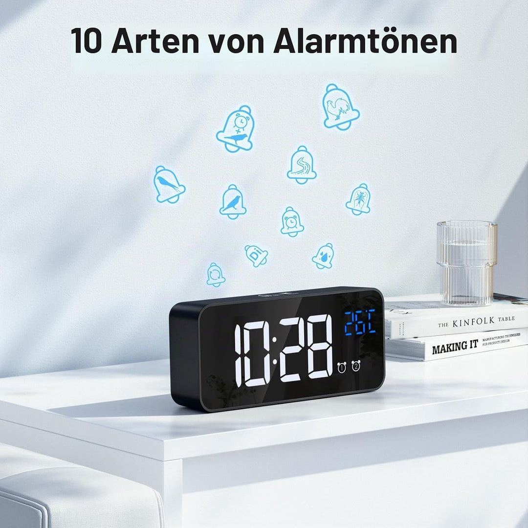 Wecker Digital, LED Digitaluhr mit Temperaturanzeige Tragbarer Spiegelalarm Tischuhr mit 2 Alarmen 1