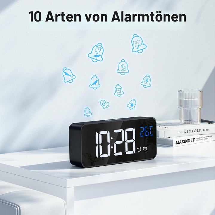 Wecker Digital, LED Digitaluhr mit Temperaturanzeige Tragbarer Spiegelalarm Tischuhr mit 2 Alarmen 1