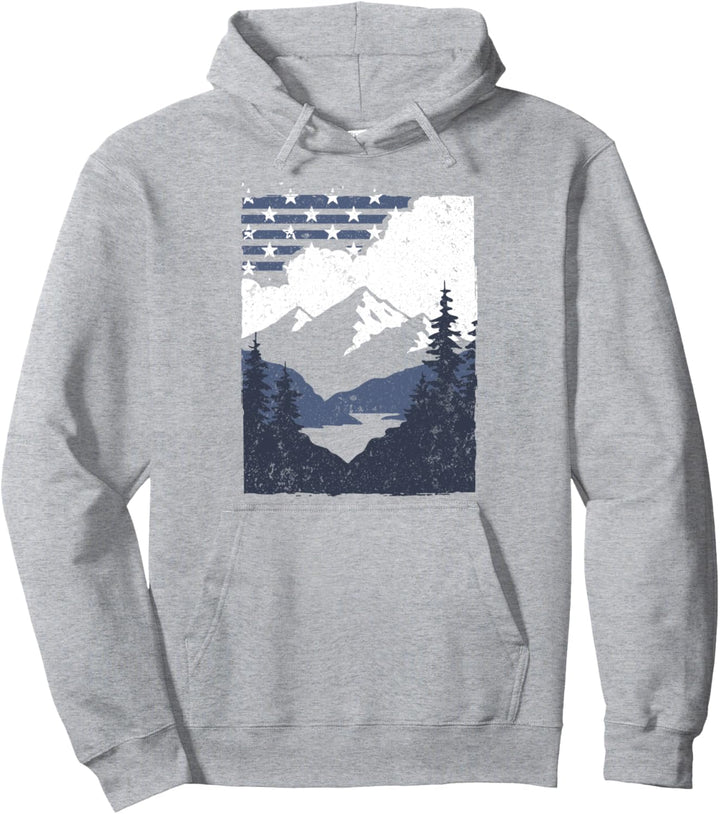 Trendy American Flag Mountain Forest Silhouette Scene Pullover Hoodie