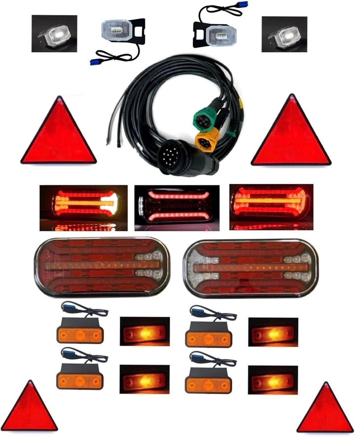 Anhängerbeleuchtung Set – 2x LED Rückleuchte 6 Funktionen Dynamischer Blinker + Umrissleuchten + Kab