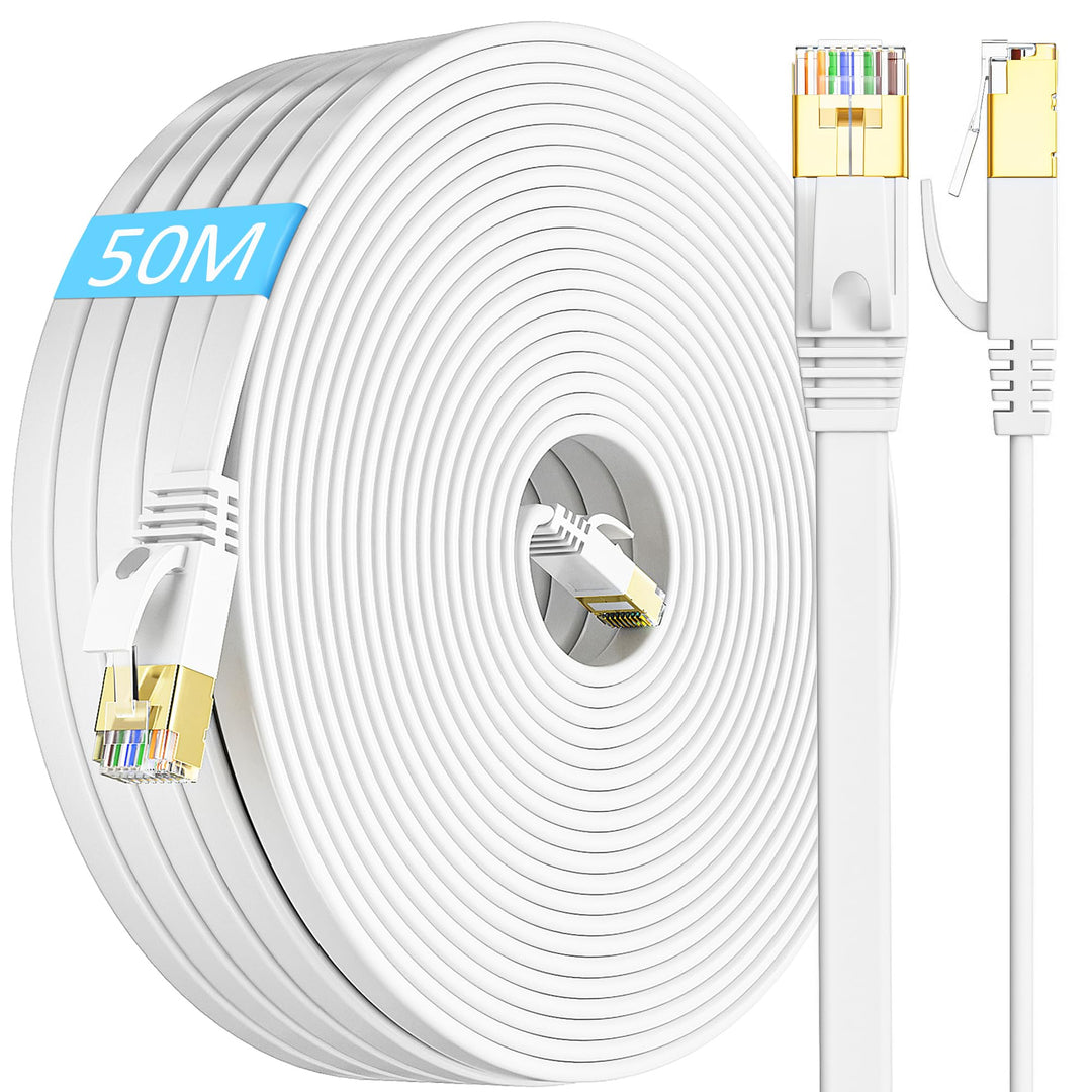 Lan Kabel 50 Meter Cat 7, Flach Wlan Kabel 50m Netzwerkkabel, Dünn High Speed Weiss Ethernet Kabel W